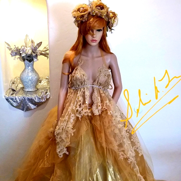 SIMONE Gold Crystal Organza Lace Wedding Ballgown